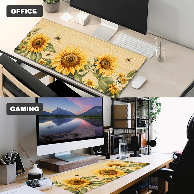 Sunflower and Bee Gaming Mouse Pad – 12x31.5in Non-Slip Rubber Desk Mat with Rustic Floral Design – Large Extended Mousepad for Office Home – Deskmat Gifts for Nature and Country Lovers Decor