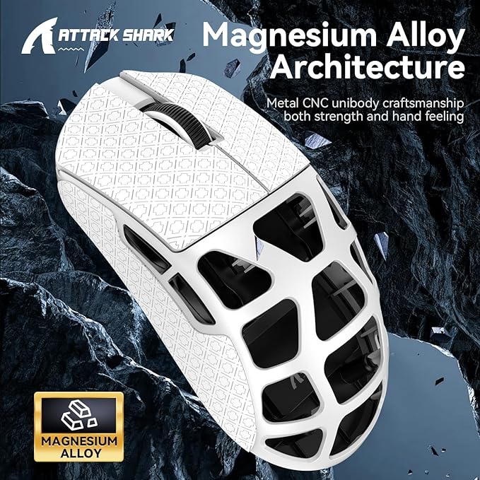 FELICON x Attack Shark R3 Magnesium Alloy Wireless Gaming Mouse, 46g Ultra-Lightweight Skeletal Shell, PAW3395 26K DPI, 8K Polling, Tri-Mode 2.4G/BT/Wired, for PC Mac Laptop - White & Griptape