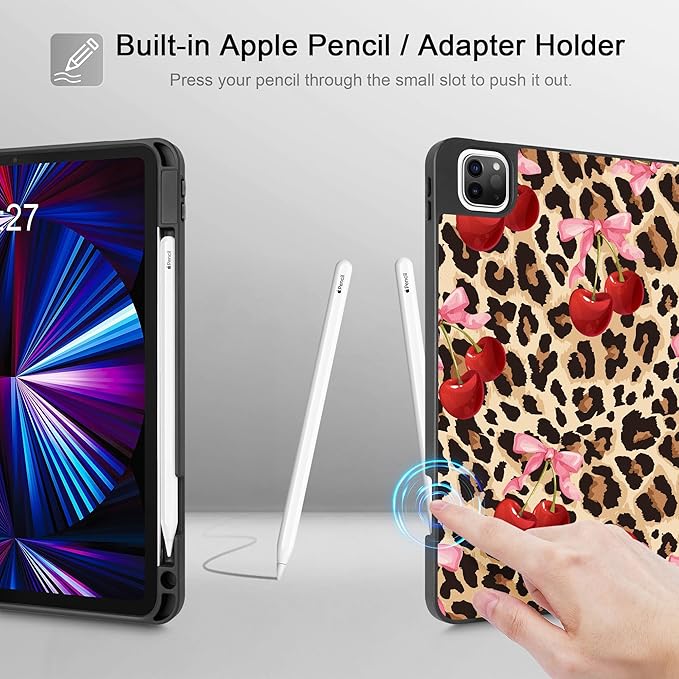 May Chen Case for iPad Pro 11 inch (4th, 3rd, 2nd & 1st Gen) 2022 2021 2020 2018, Trifold Stand + Pencil Holder + Auto Wake/Sleep + Soft TPU Protective Stand Back Cover, Cherry & Cheetah