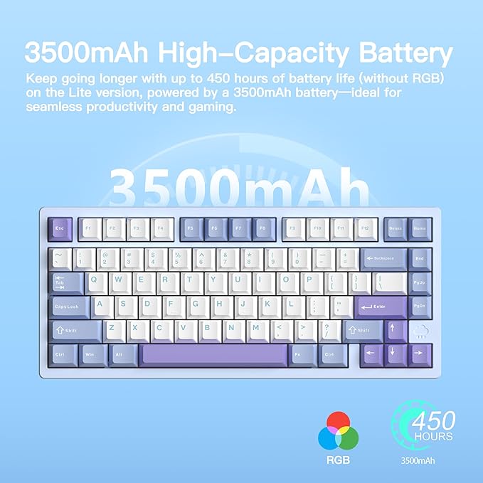 KEEBMONKEY WOBKEY Rainy 75 CNC Aluminum HMX/JWK/Cocoa Switches Triple-Mode Connectivity Mechanical Keyboard with Superior Acoustics, RGB/PP/Gradient Glass/3500mAh/Violet Switch (Standard - Blue)