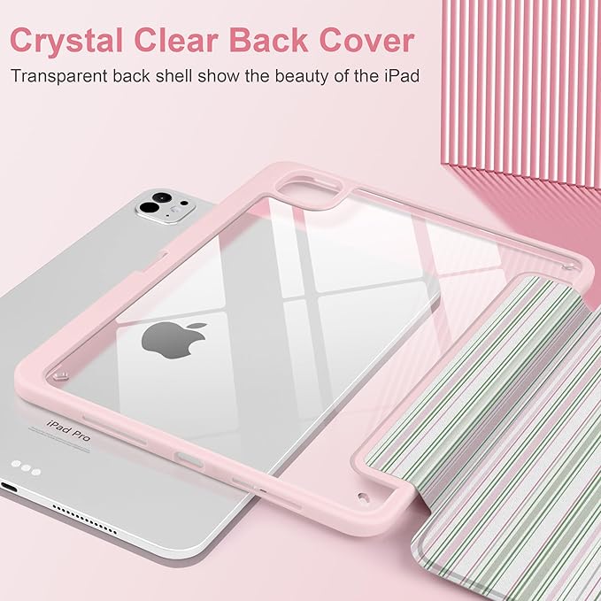 TWOLSKOO Case for iPad Pro 11-inch (M5 2025 / M4 2024), Clear Acrylic Back with TPU Bumper, Pencil Holder, Trifold Stand, Auto Sleep/Wake, Pastel Stripes