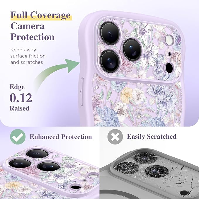GVIEWIN for iPhone 17 Pro Max Case Compatible with MagSafe [Curly Wave Edge][Full Camera Protection] Floral Translucent Shockproof Magnetic Women Phone Case for 17 Pro Max, Apricot Blossom/Purple