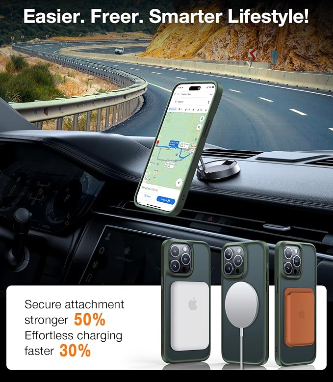 TORRAS Magnetic Shockproof for iPhone 15 Pro Case, [Military-Grade Drop Tested][Compatible with MagSafe] Translucent Hard PC Back with Silicone Slim Protective Cover Anti-Fingerprint, Green