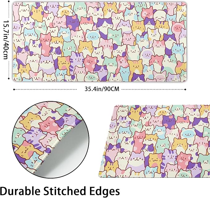 Cute Cat Mouse Pad XXL Large 35.4"x15.8" Extended Gaming Mousepad Kawaii Cat Mouse Mat for Women Desk Mat with Stitched Edges XXL Non-Slip Base Computer Keyboard Pad for Home Office Work Gamer