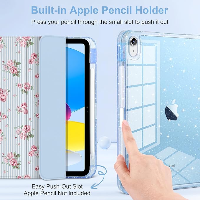 DONGKE for iPad Pro 11 inch Case – Fits M5 2025 / M4 2024, Shockproof Sparkling Glitter Acrylic Back, Pencil Holder, Trifold Stand, Auto Sleep/Wake & Touch ID Support - Tiny Roses
