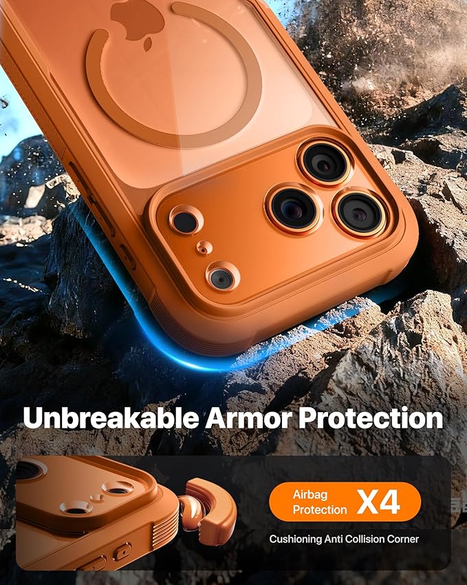Diaclara Magnetic Designed for iPhone 17 Pro Max Case Full Body Bumper[Compatible with MagSafe] Military Drop Proof Cover with Built-in Touch Sensitive Anti-Scratch Screen Protector,Orange