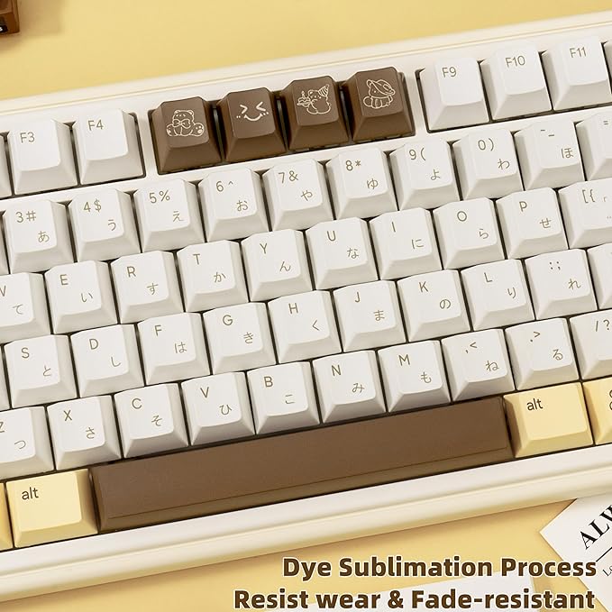 Minimalist Yellow PBT Keycaps 134Keys - Custom Cute Japanese Keycap Cherry Profile Dye Sublimation - Brown Bear Key caps for Cherry MX, Outemu, Gateron Mechanical Keyboards