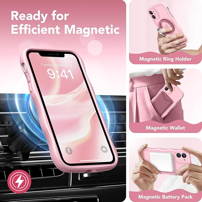 CAPRARO Cute for iPhone 11 Case, Compatible with MagSafe, [Curly Wave Edge] [Full Camera Protection] [14 FT Drop Protection] Magnetic Phone Case for 11 6.1 Inch, Peach Pink