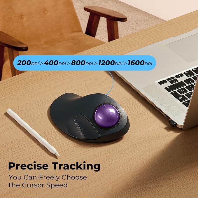 Wireless Trackball Mouse for Large Hands, Ergonomic Index Finger Control, Rechargeable Bluetooth/USB Mouse with Precise Smooth Tracking, Multi-Device Connection for Windows & Mac, Purple