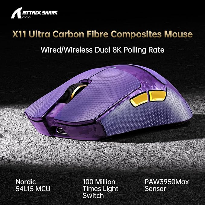 ATTACK SHARK X11Ultra 8K Carbon Fiber Wireless Gaming Mouse with 42000 DPI-PAW3950 MAX Sensor-63g Lightweight,Nordic 54L15 MCU Chip,Wired/BT/2.4Ghz,100 Million Clicks,Programmable for FPS(Purple+Tape)