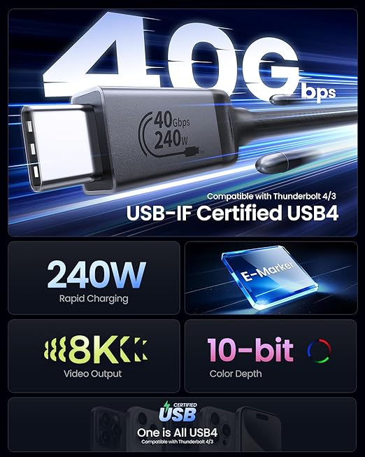 Silkland USB C to USB C Cable 240W, 40Gbps USB 4 Cable [USB-IF Certified] for Thunderbolt 4, 8K/Dual 4K USB C Video Cable Compatible for MacBook, Mac mini, iPhone 17/16, SSD, Monitor, 3.3FT