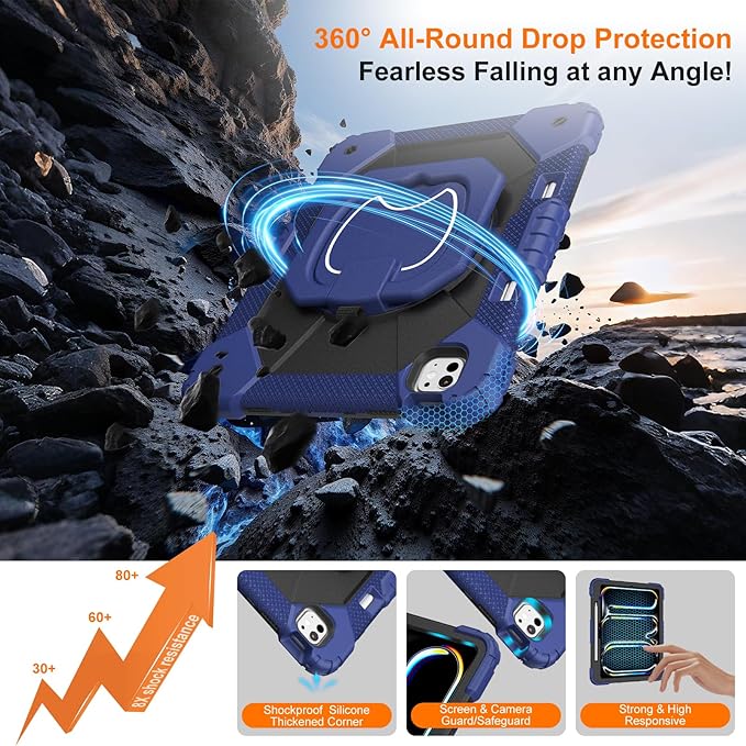 Case for iPad Pro 13 Inch M5 2025/ M4 2024, Ubearkk for iPad Pro 13 Inch case with Screen Protector, 360 Degree Rotating Stand Shoulder Strap Pencil Holder,Military Grade Shockproof, Navy Black