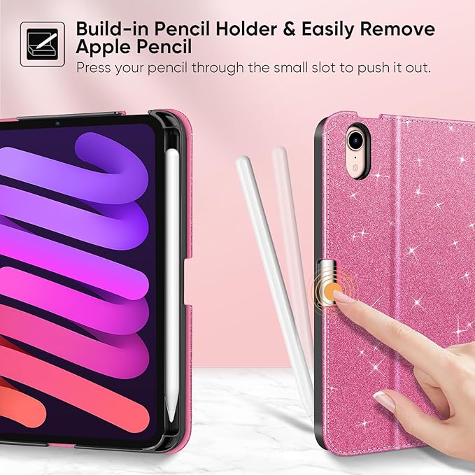 Fintie Folio Case for iPad Mini 7 (A17 Pro, 7th Generation) 2024 / iPad Mini 6 (6th Gen) 8.3 Inch, Multi-Angle Smart Stand Cover with Pencil Holder & Pocket, Auto Sleep/Wake, Glittering Pink