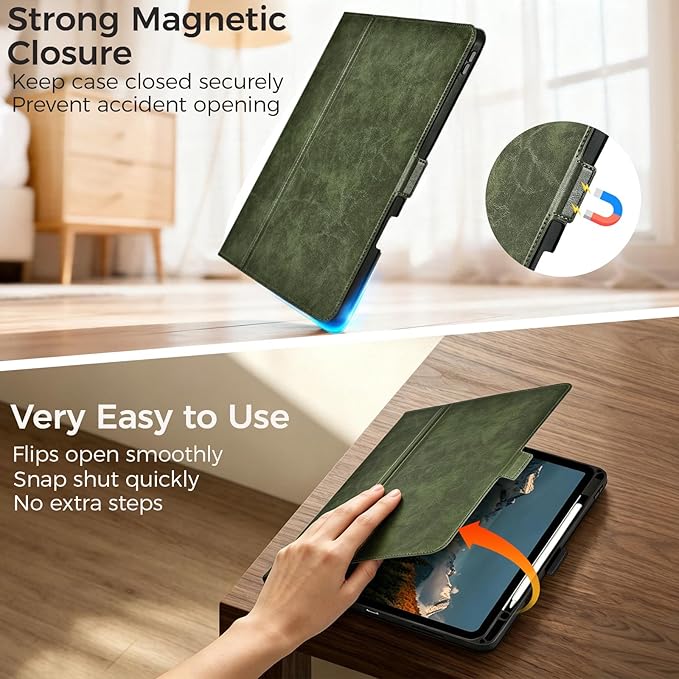 Slim Case for iPad Pro 11 Inch M5/M4 (2025/2024) A3357/A3358/A2836/A2837 with Pencil Holder,Lightweight Cover,Magnetic Closure,Multi Angle Stand,Typing Angle,Auto Sleep/Wake,Green
