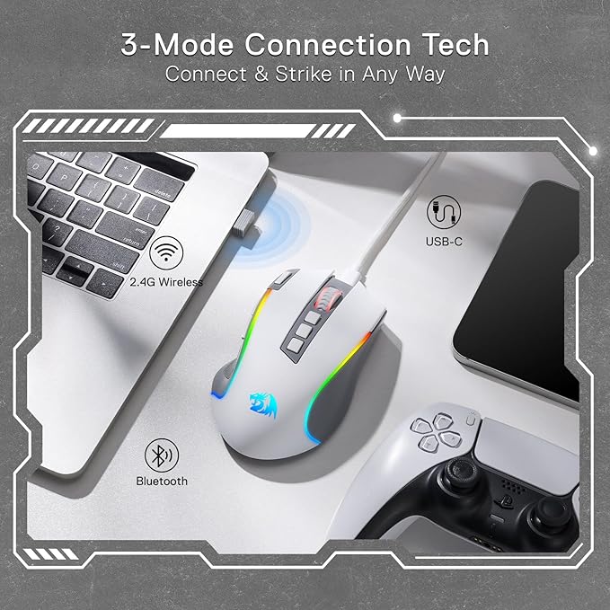 Redragon M612 PRO RGB Gaming Mouse, 8000 DPI Wired/Wireless Optical Mouse with 9 Programmable Buttons & 7 Backlit Modes, BT & 2.4G Wireless, Software Supports DIY Keybinds Rapid Fire Button