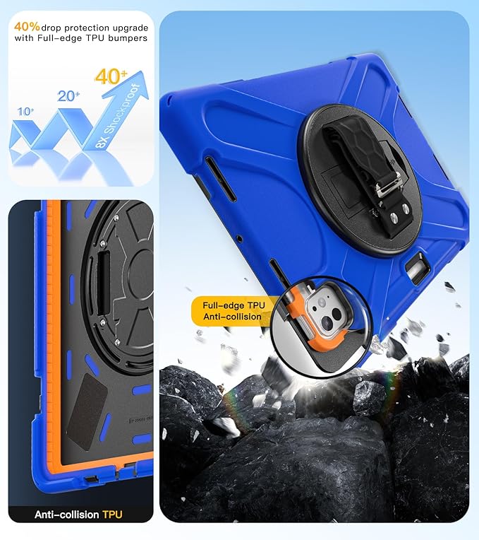 BRAECN Case for iPad Pro 11 inch M5 2025 & M4 2024, 4 Layers Heavy Duty Full-Body Protection Screen Protector Pencil Holder, 360° Rotating Handle Kickstand, Shoulder Strap Kids Friendly