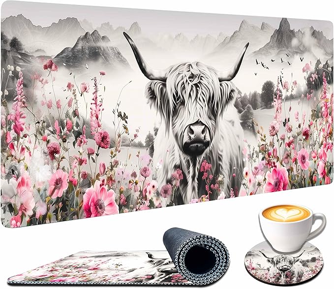 Highland Cow Mouse Pad, Extended Large Desk Pad with Stitched Edges 31.5 x 11.8 Mousepad Desk Mat for Desktop Decor and Accessories Workplace Home XXL Desk Pad for Gaming Office Big Mousepad