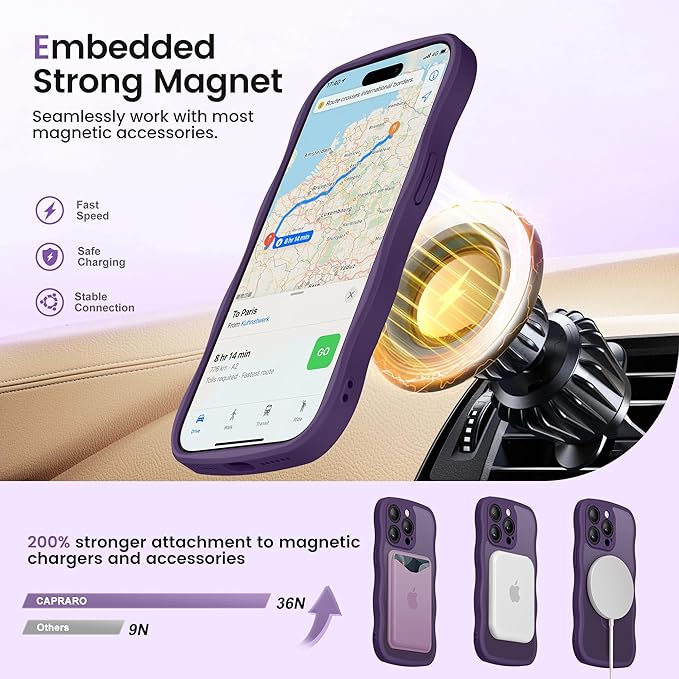 CAPRARO for iPhone 14 Pro Max Case with 360° Spin Magnetic Stand for Women, [Compatible with MagSafe] [Full Camera Protection] Cute Wave Translucent Matte Case for iPhone 14 Pro Max, Deep Purple