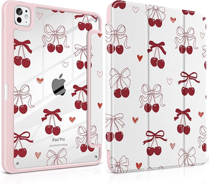 Case for iPad Pro 11 inch (M5) 2025 (M4) 2024 Release with Pencil Holder - Aesthetic Cute Preppy Design Trifold Cover with Soft TPU Bumper Clear Back Auto Sleep/Wake for Girls Women, Cherry