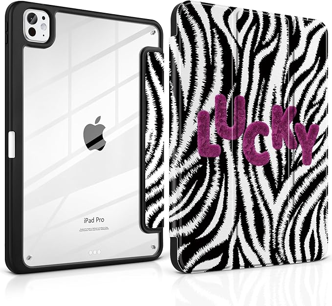 TWOLSKOO Case for iPad Pro 11-inch (M5 2025 / M4 2024), Clear Acrylic Back with TPU Bumper, Pencil Holder, Trifold Stand, Auto Sleep/Wake, Zebra Stripes