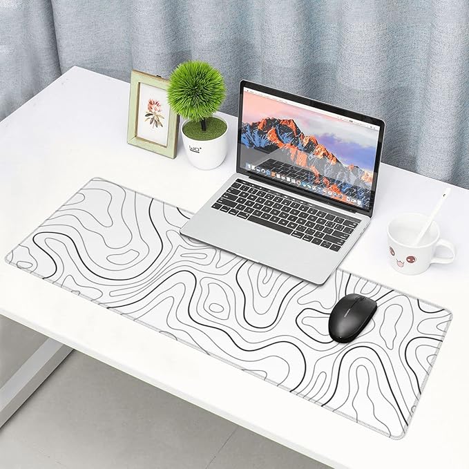 White Extended Gaming Mouse Pad - 31.5 x 11.8 Inch Black and White Topographic Mouse Pad with Anti-Slip Rubber Base for Home Office