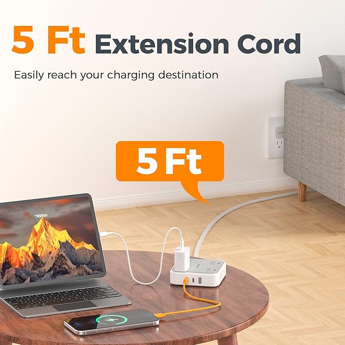 TESSAN Surge Protector Flat Extension Cord 5Ft, Flat Plug Power Strip with 4 Outlets 3 USB Ports (2 USB C), 900 Joules Protection, Multiple Wall Outlet Extender Suitable for Home Office Dorm, Grey