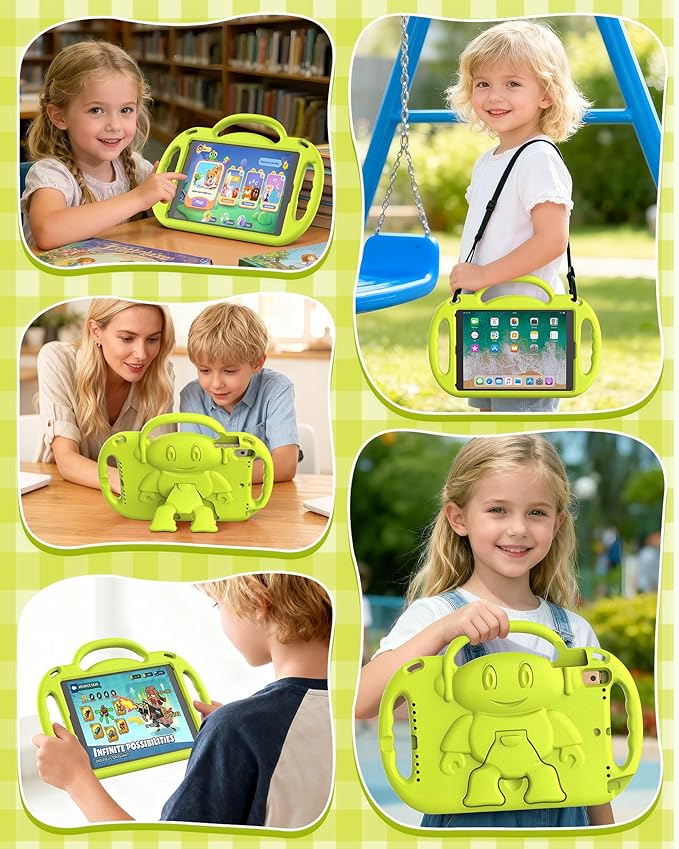 Kids Case for iPad 5th/6th Generation (9.7 inch, 2017/2018) & iPad Air 1/2 9.7" & Pro 9.7, Durable Shockproof Lightweight Kids Cover with Shoulder Strap/Handle/Kickstand, Light Yellow