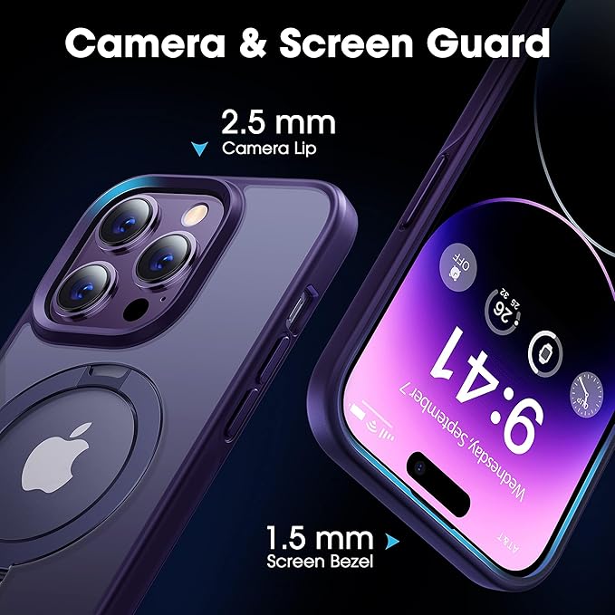 CASEKOO Designed for 14 Pro Case with Magnetic Invisible Stand [Military Drop Protection] [Compatible with MagSafe] Shockproof Slim Matte Translucent Pro Case 6.1 Inch, Purple