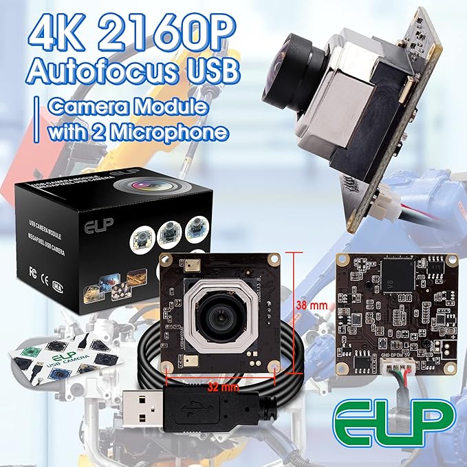 ELP 4K USB Camera Module Autofocus w/Microphone Computer Mini USB2.0 Webcam Board 8mp Industrial Lightburn Camera IMX415 Audio Video Webcamera