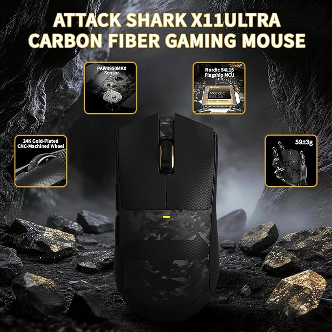 ATTACK SHARK X11Ultra 8K Carbon Fiber Wireless Gaming Mouse,Nordic 54L15 MCU,PAW3950MAX Sensor,59g Superlight,42000 DPI,BT/2.4Ghz/Wired Mouse with 100 Million Clicks,Programmable for Pc/Mac,Black pro