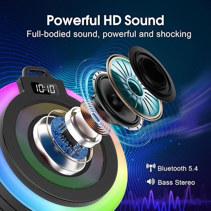 Bluetooth Shower Speaker, Portable Bluetooth Speaker Stereo Sound with Suction Cup/Lanyard, Built-in Mic, IPX7 Waterproof Wireless Speakers Bluetooth 5.4 for Bathroom/Party/Beach/Gift, Black