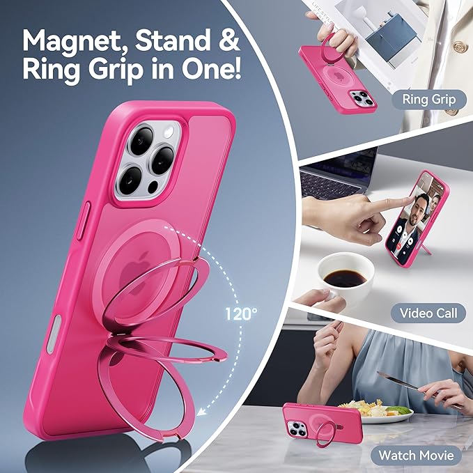 CASEKOO Ultra-Magnetic Stand for iPhone 16 Pro Case [Military Drop Protection] [Compatible with MagSafe] Shockproof Translucent Matte Slim Ring Holder Case for iPhone 16 Pro 6.3", Hot Pink