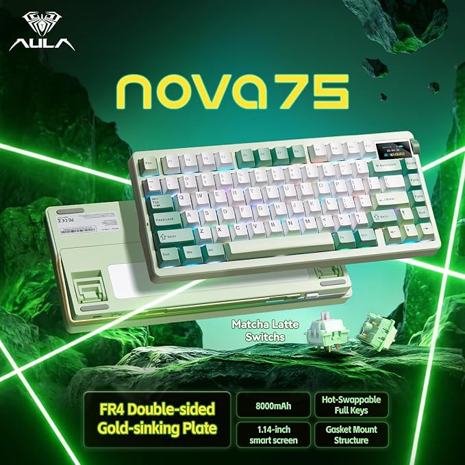 Aula Nova75 Mechanical Gaming Keyboard 8000mAh,Gasket Mounted with 75% Compact Layout,RGB Backlit,Custom Hot Swappable,Bluetooth Wireless /2.4GHz/USB-C Cream Keyboard Gaming for Win/Mac/iOS/Android