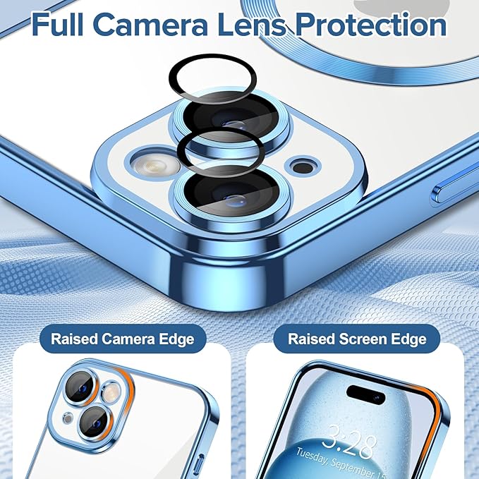Hython Magnetic Clear for iPhone 15 Plus Case with Camera Lens Protector [Compatible with MagSafe] Luxury Plating Edge Slim Soft TPU Cover Protective Phone Case for iPhone 15 Plus 6.7", Light Blue