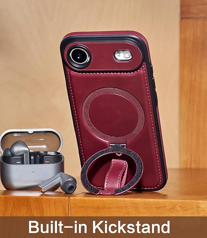 Butaiga for iPhone Air Leather Case with Stand, Anti-Slip Grip Ring, Fits for MagSafe (Burgundy, iPhone Air)