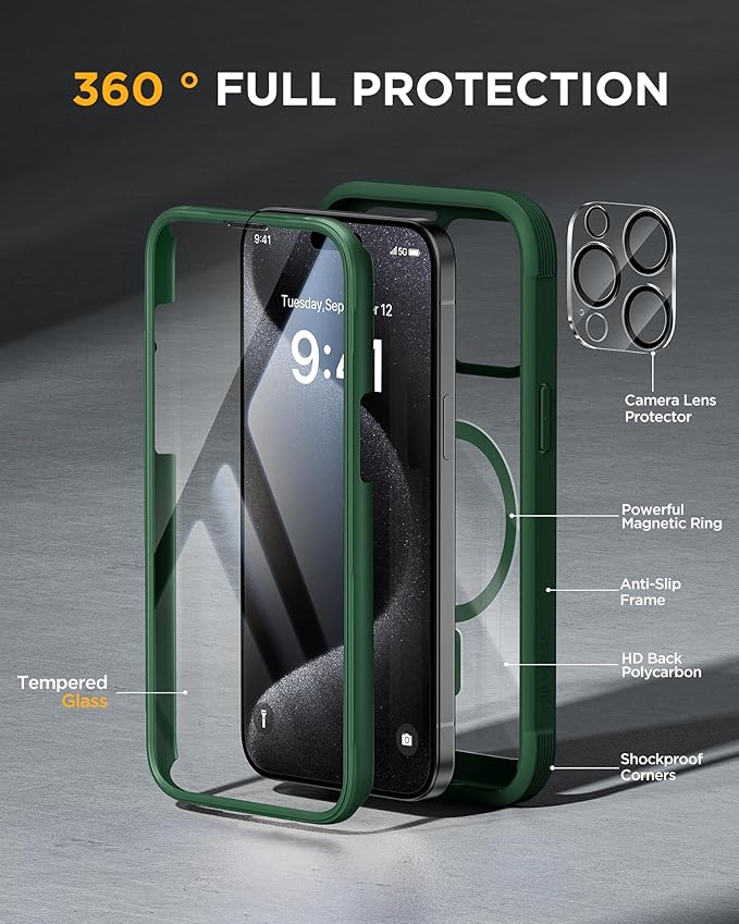 Miracase Magnetic for iPhone 12 Pro Max Case [Compatible with MagSafe] Full-Body Phone case with Built-in Glass Screen Protector& Camera Protector, Military Drop Proof 12 Pro Max Cover, Green