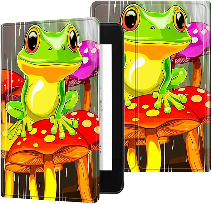 for All-New 6" Kindle 11th Generation 2024/2022 Release E-Reader Case, Slim Kickstand Stand Leather Smart Cover with Auto Wake/Sleep, Green Frog Mushroom