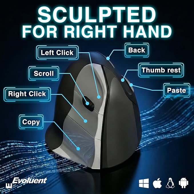 Evoluent – Inventor of The Vertical Mouse – VMC Vertical Ergonomic Mouse Wireless USB/Bluetooth Ergo Design for Right Hand M-L, Sculpted Comfort, 4 Speeds, Copy & Paste Buttons