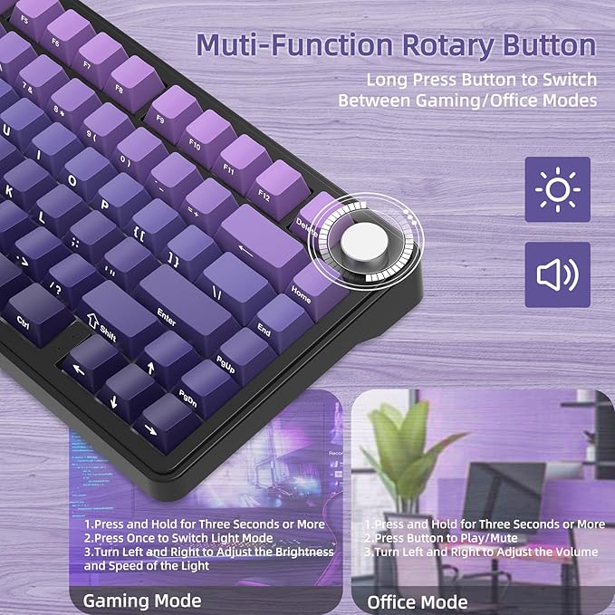 Yindiao Attack Shark X85 Wireless Mechanical Keyboard, TKL 82 Keys Bluetooth 5.0/2.4GHz/Wired Gaming Keyboard,Gasket Structure,Knob,RGB Hot Swappable Custom Keyboard for PC/Mac/PS4/Xbox(Purple)