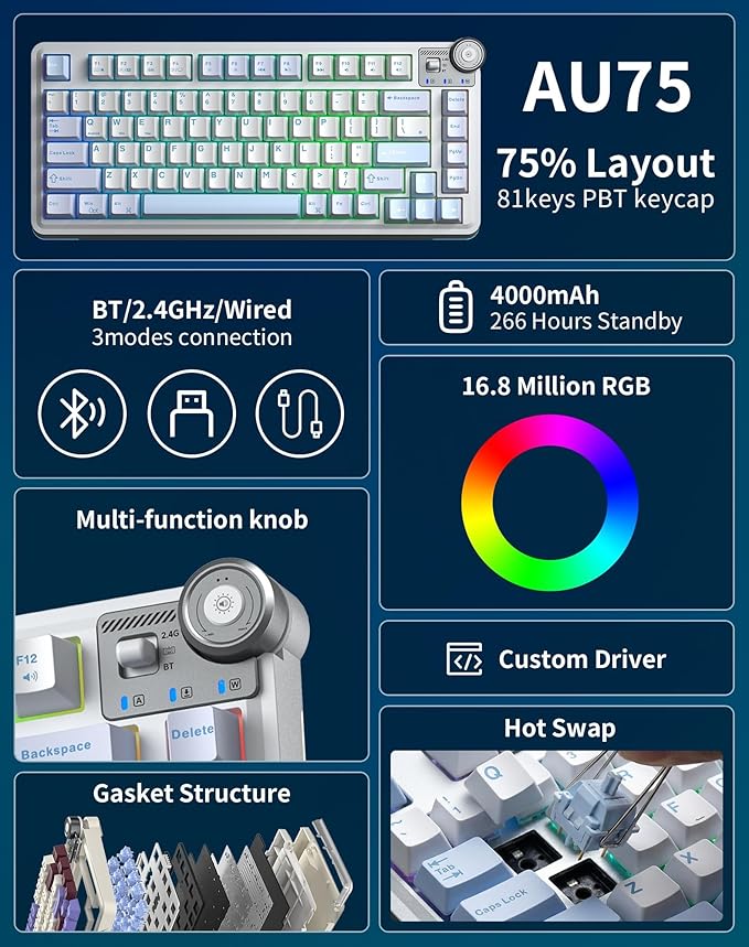 Aula AU75 Wireless Mechanical Keyboard, Hot Swap Gasket Gaming Keyboard with Knob, BT/2.4G/Wired Custom Keyboard, 4000mAh Battery, 75% Five-Layer Padding PBT Keycaps, RGB Side-Strip for Win/Mac/PC