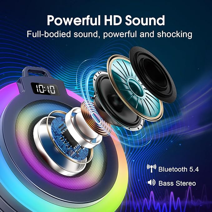 Bluetooth Shower Speaker, Portable Bluetooth Speaker Stereo Sound with Suction Cup/Lanyard, Built-in Mic, IPX7 Waterproof Wireless Speakers Bluetooth 5.4 for Bathroom/Party/Beach/Gift, Blue