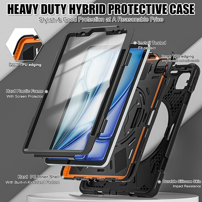 TSQQST Case for iPad Air 11 Inch M4 2026/M3 2025/M2 2024, Cover for iPad Air 5th 4th Generation 10.9"/Pro 11 4th/3rd/2nd/1st Heavy Duty Shockproof Case with Screen Protector+Stand+Hand Strap, Black