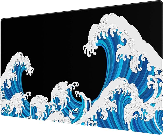 Large Mouse Pad Desk Mat 900 x 400 x 3mm Cool Sea Texture Non-Slip Rubber Base Mousepad Stitched Edges Keyboard Mat for Office Home Game - Black and White Sea Wave