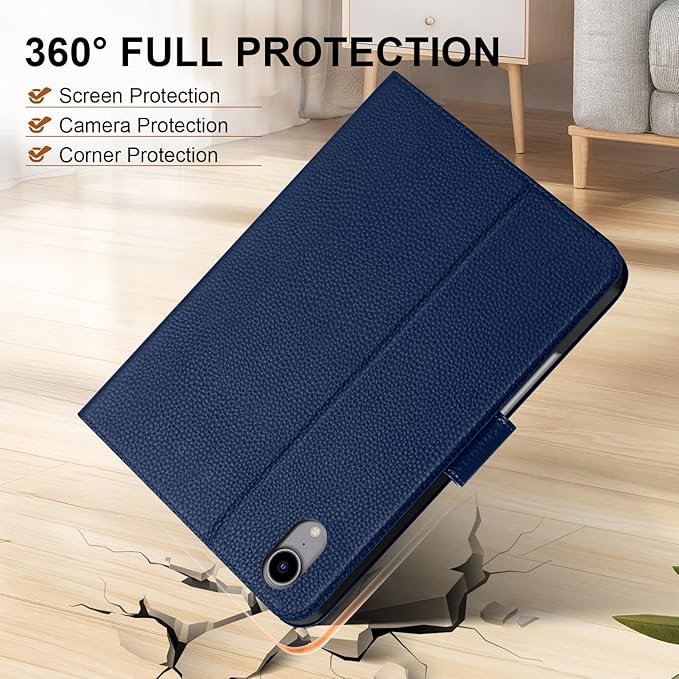 Genuine Leather Case for iPad mini 7th/6th Gen 8.3 Inch 2024/2021 | with Pencil Holder and Adjustable Stand, Magnetic Closure, Auto Wake/Sleep Cover | Blue
