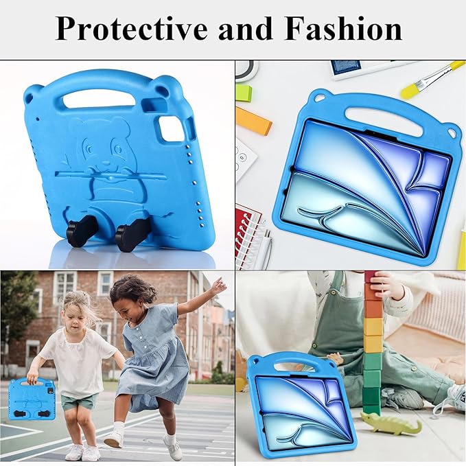 Kids Case for Apple iPad Air 11 inch Tablet (M3 2025/M2 2024), with Kickstand/Handle Slim Lightweight Soft EVA Foam Shockproof Stand Boys Girls Cute Heavy Duty Protection Cover, Blue Panda