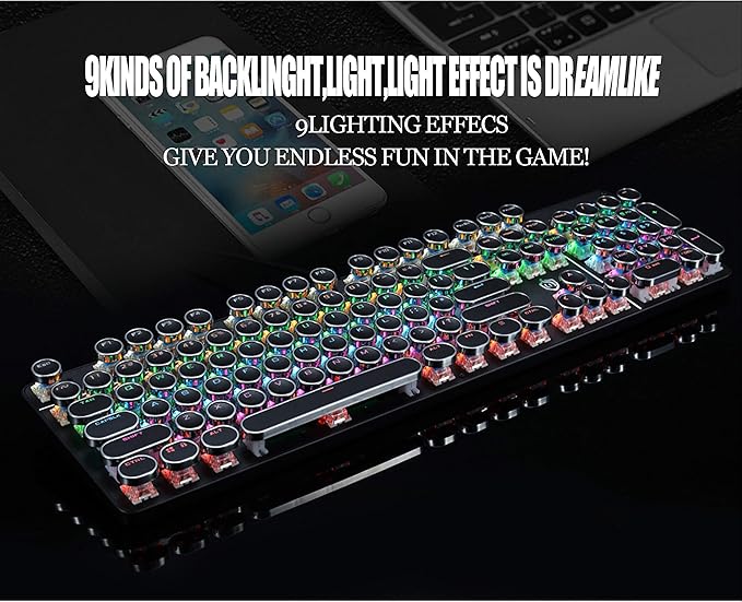 YSCP Typewriter Style Mechanical Gaming Keyboard Rainbow Backlit Wired with Blue Switch Retro Round Keycap 104 Keys Keyboard (L-Black)