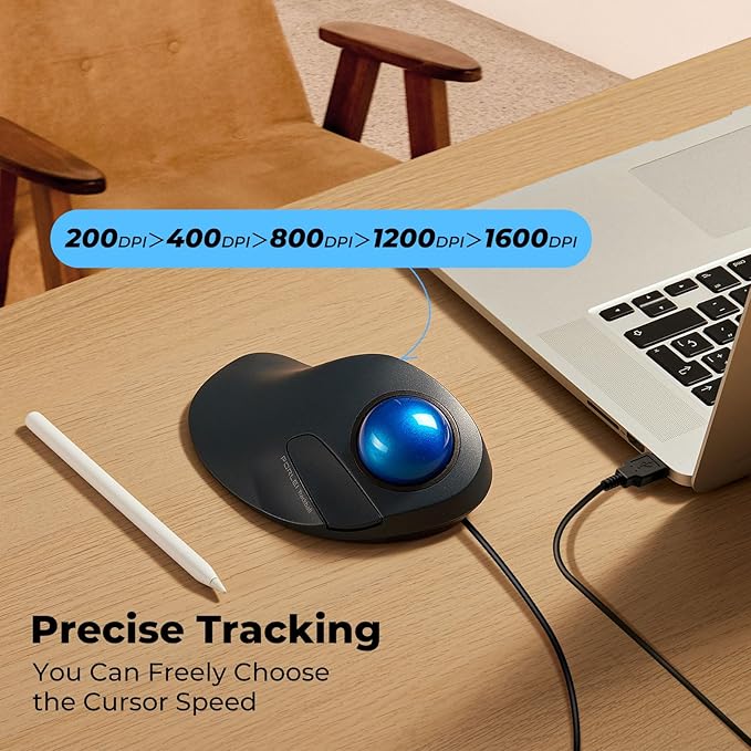 Wired Trackball Mouse for Large Hands, Ergonomic Design Reduces Wrist & Muscle Strain, Precision Tracking with Easy Index Finger Control, Compatible with PC, Laptop, Windows, Mac, Blue