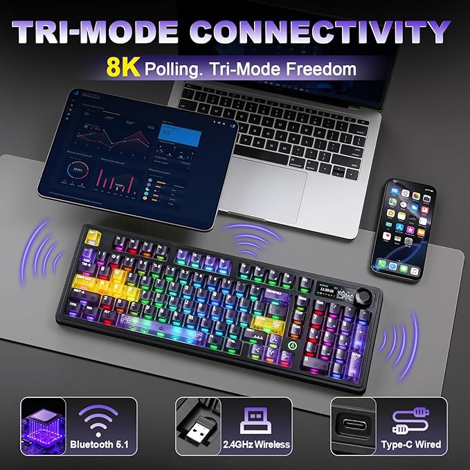 AJAZZ AK980 V2 Pro Wireless Mechanical Keyboard, 10000mAh Battery & Dual 8000Hz Polling Rate,Tri-Mode Gaming Keyboard with Smart Display/Knob, Hot Swappable for Win/Mac (Purple,Lychee Switch)