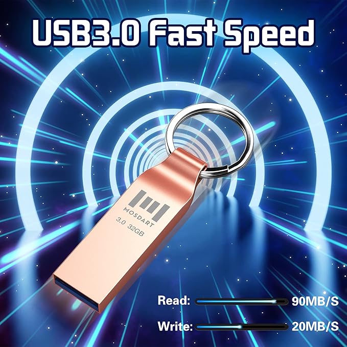 MOSDART 32GB Waterproof USB3.0 Flash Drive, Speed Up to 90MB/S, FAT32 Metal Memory Stick with Keychain, for System Back, Data Storage, Rose Gold