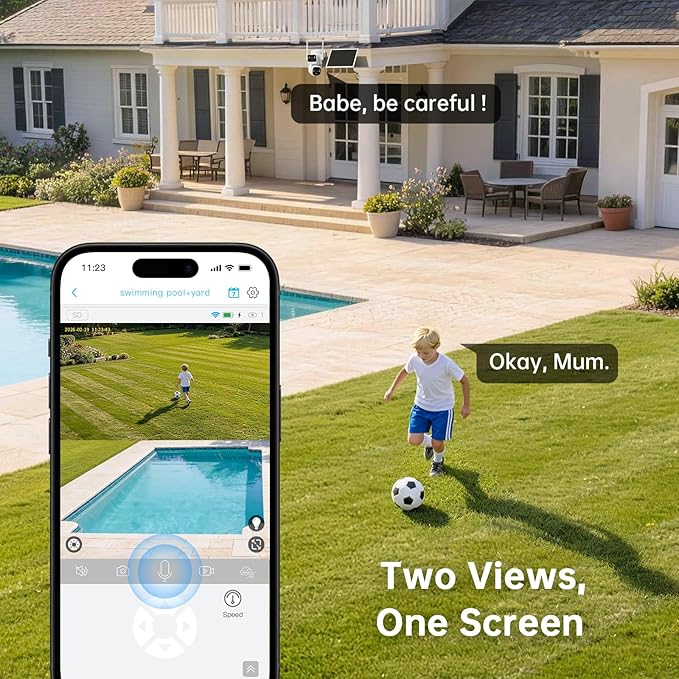 SEHMUA Dual Lens Solar Security Cameras Wireless Outdoor, 2K+2K Dual Views Outdoor Camera Wireless, Color Night Vision, PIR Motion Alerts, 2.4GHz WiFi, IP65, Optional Storage